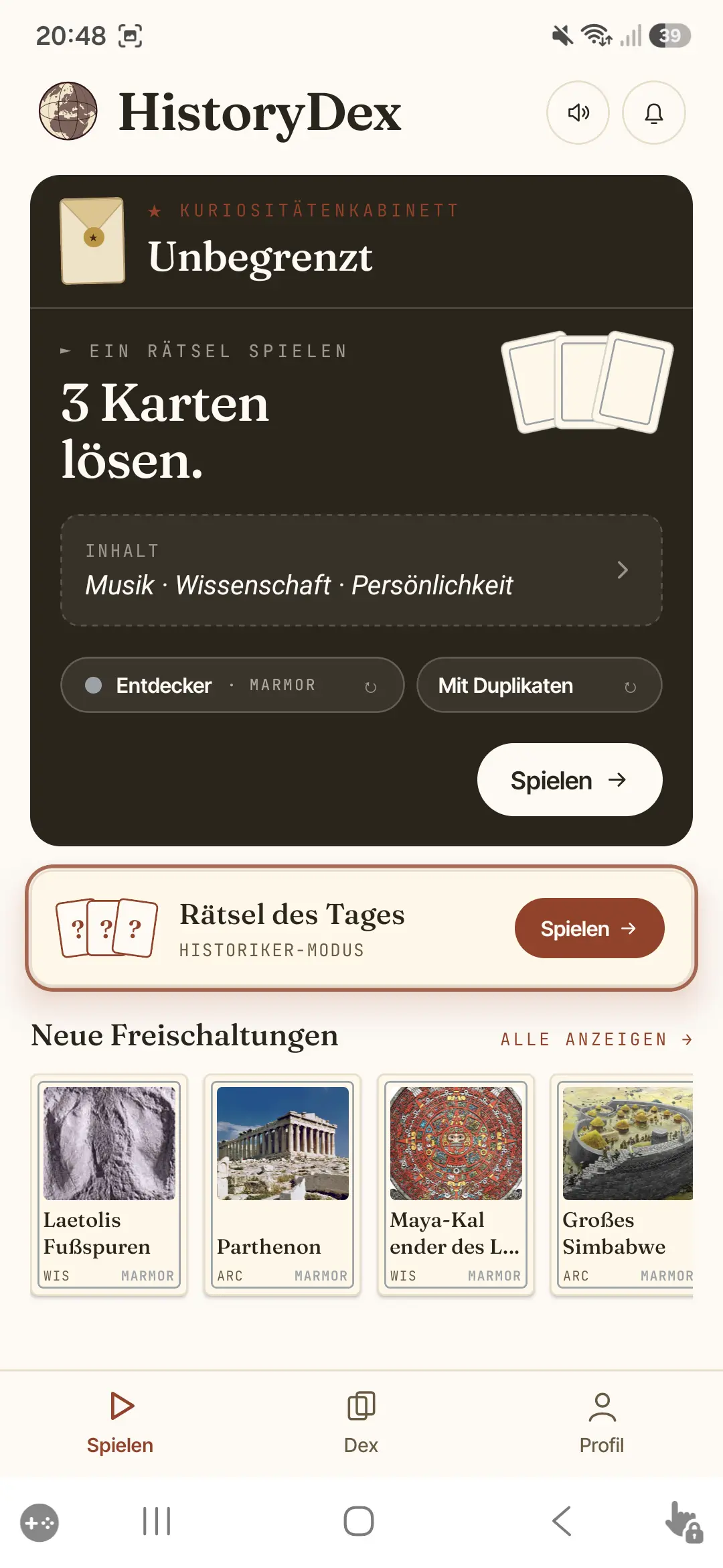 Startbildschirm der HistoryDex-App