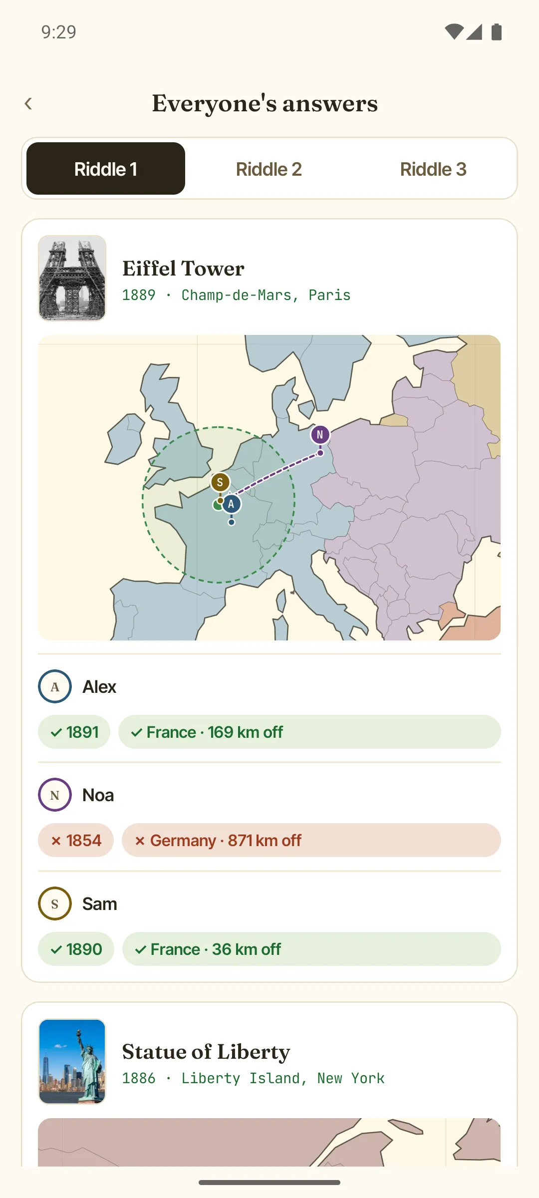 Everyone's answers, card by card, on the world map