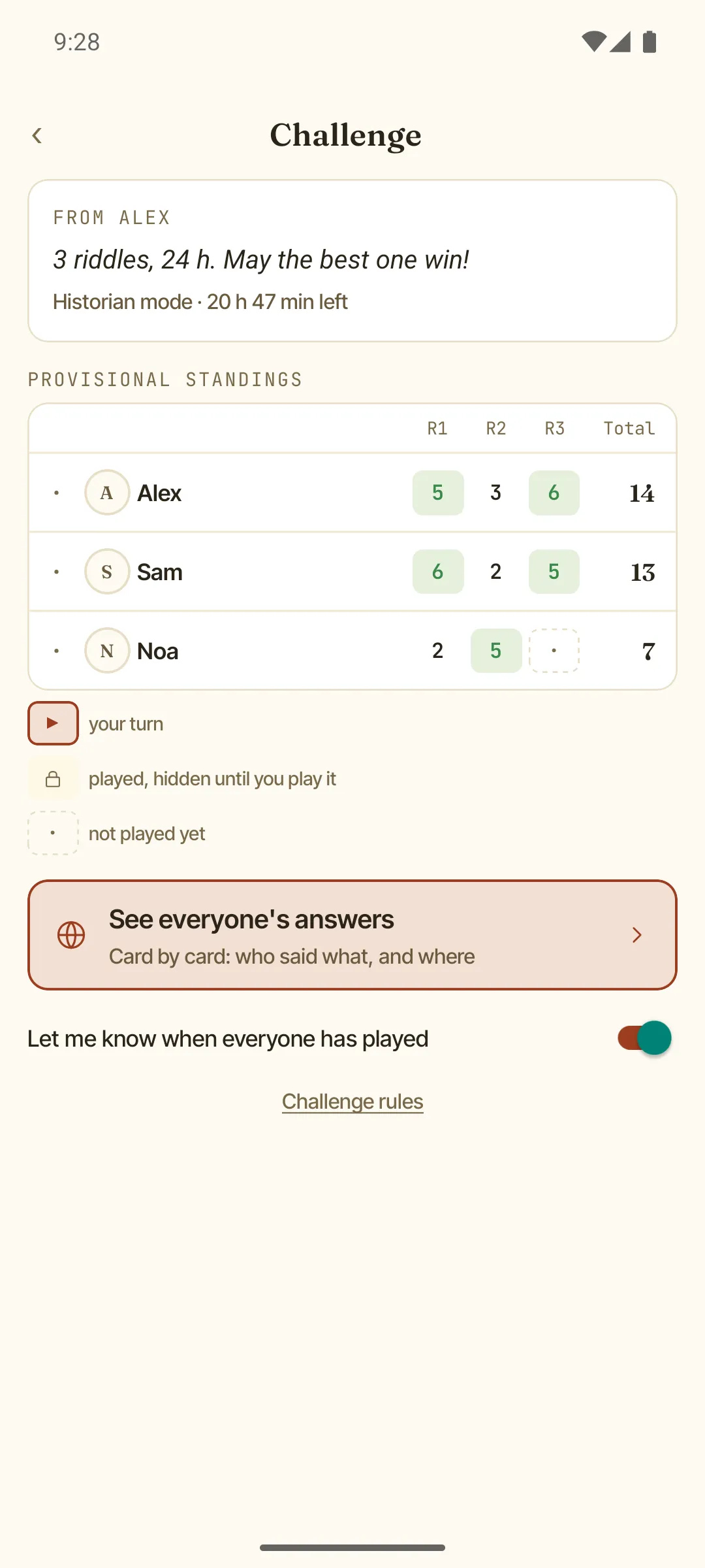 A multiplayer challenge — live standings, riddle by riddle