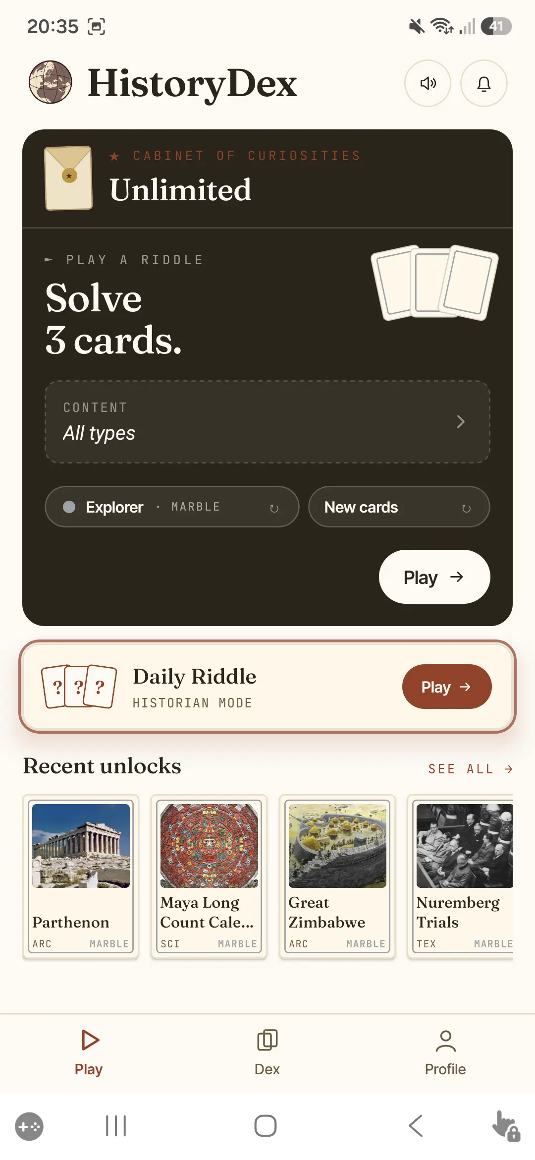 HistoryDex app home screen