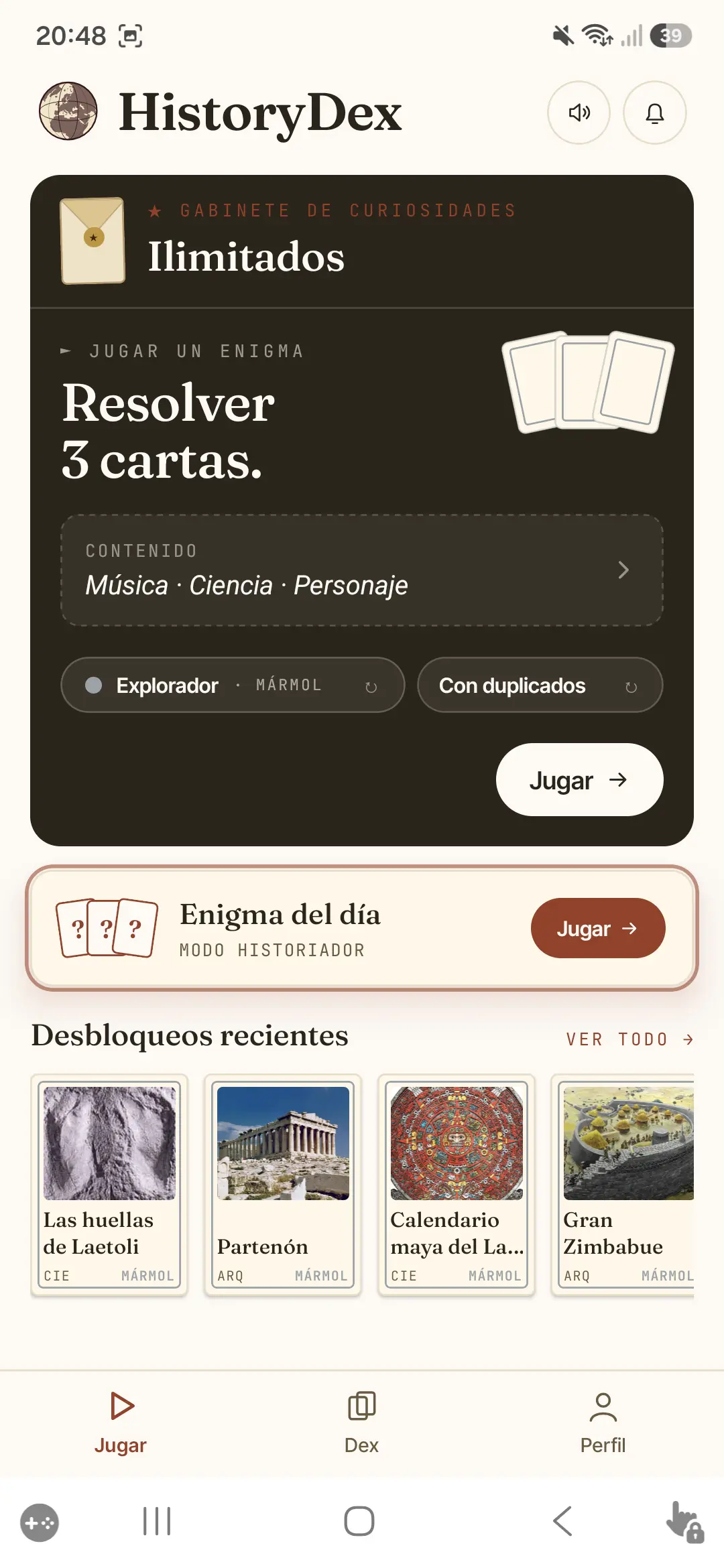 Pantalla de inicio de la aplicación HistoryDex