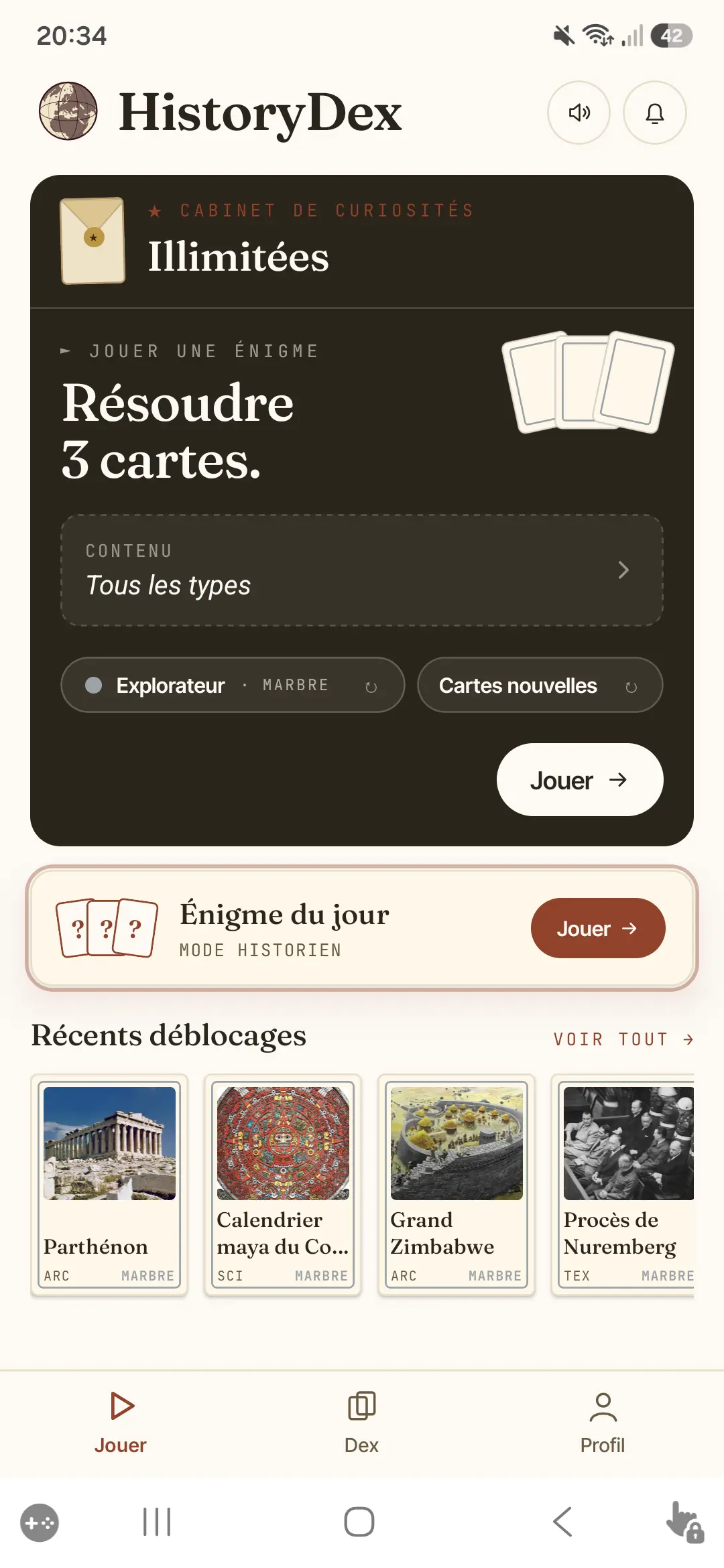 Écran d'accueil de l'application HistoryDex