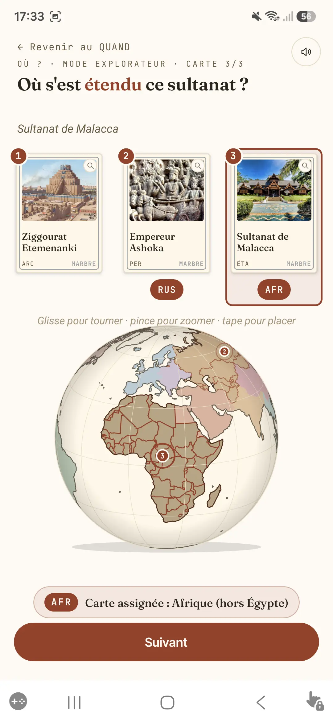 Placer une carte sur le globe pour répondre « Où ? »
