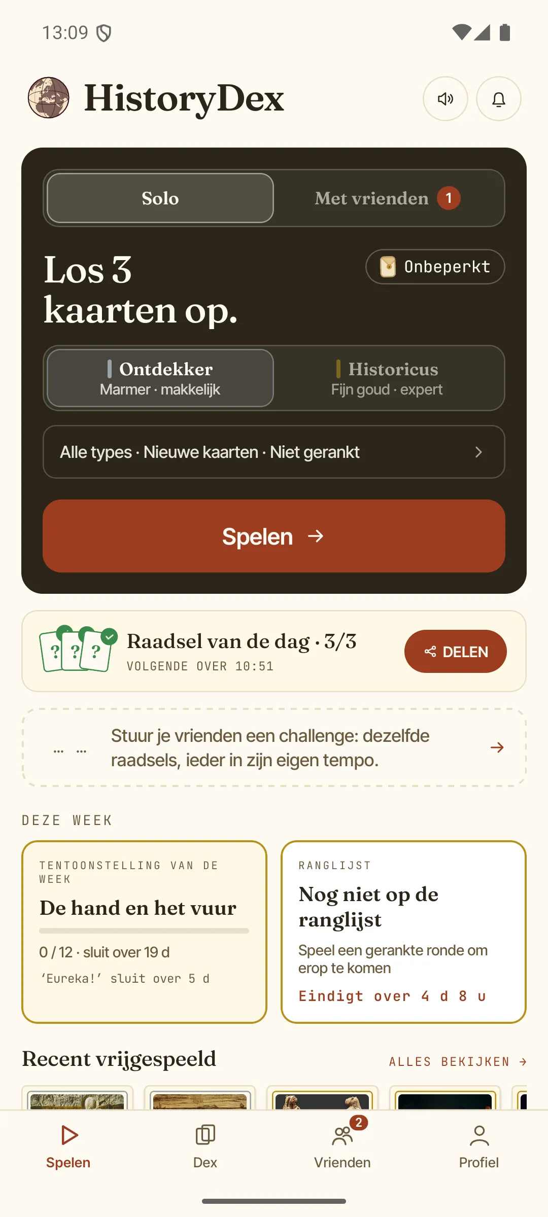 Startscherm van de HistoryDex-app