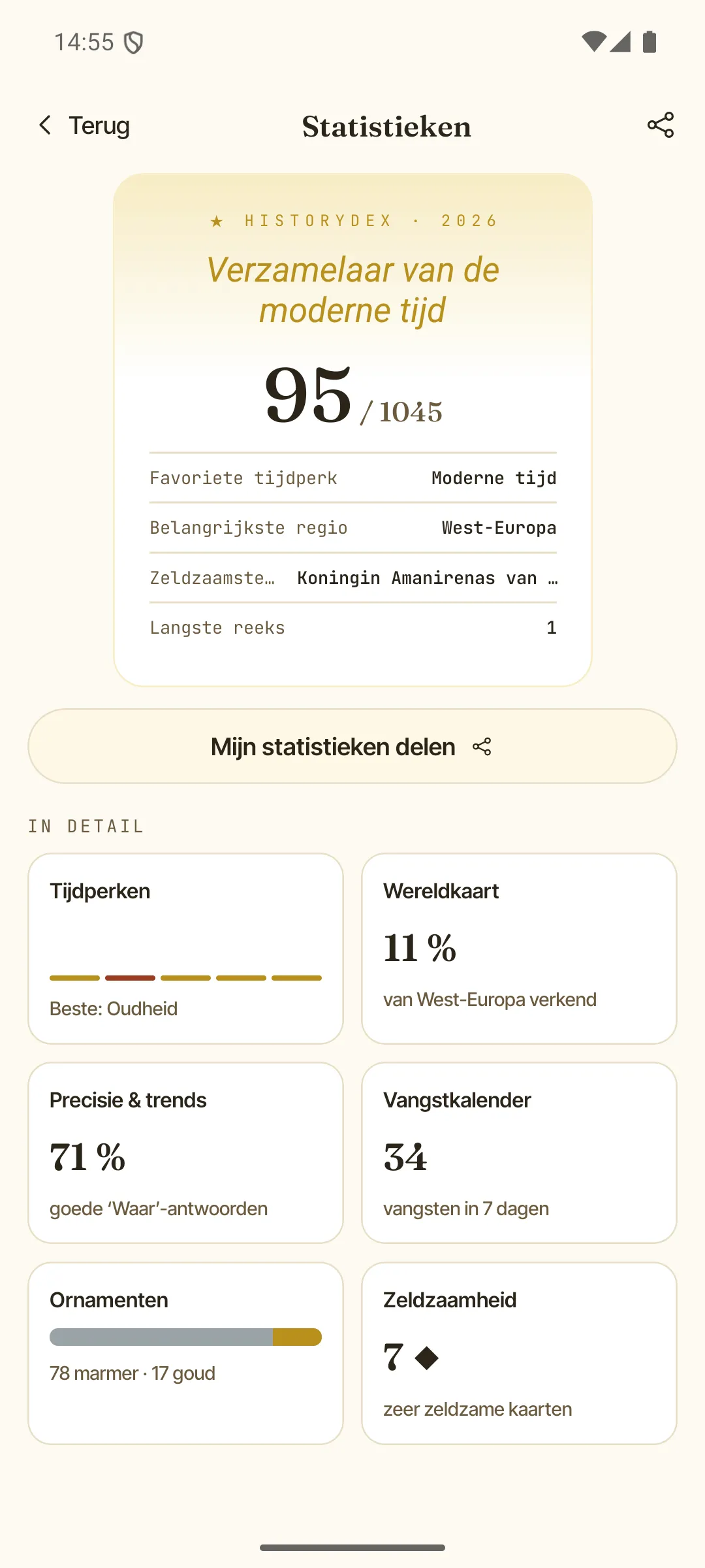Het scherm Statistieken — je deelbare verzamelaarskaart en de details van je verzameling
