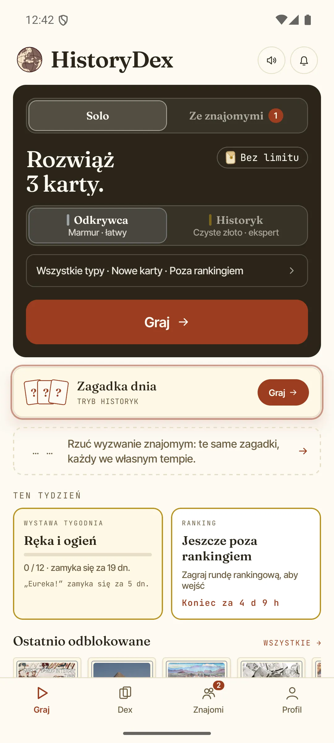 Ekran główny aplikacji HistoryDex