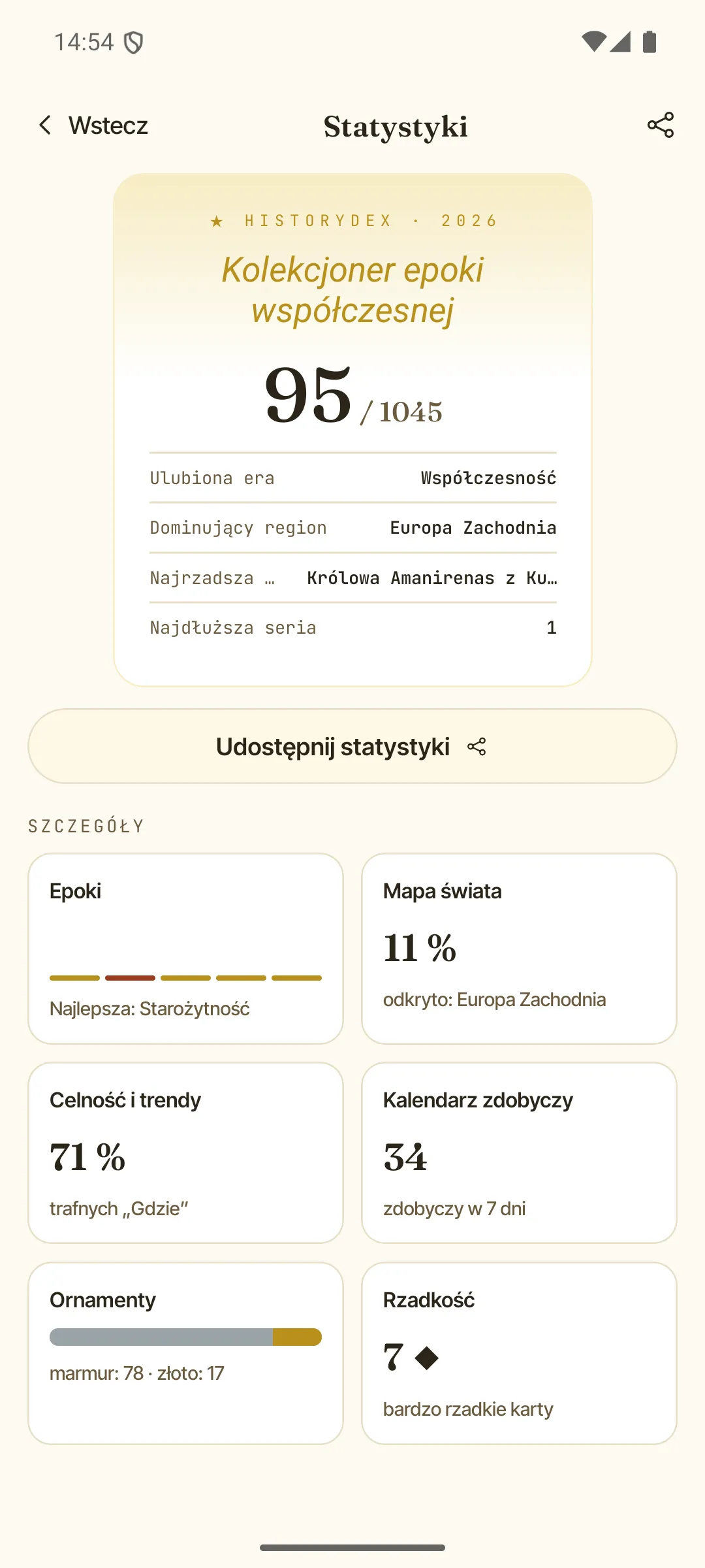 Ekran Statystyki — twoja karta kolekcjonera do udostępnienia i szczegóły kolekcji