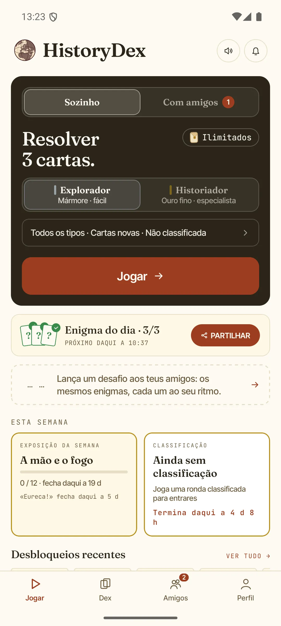 Ecrã inicial da aplicação HistoryDex