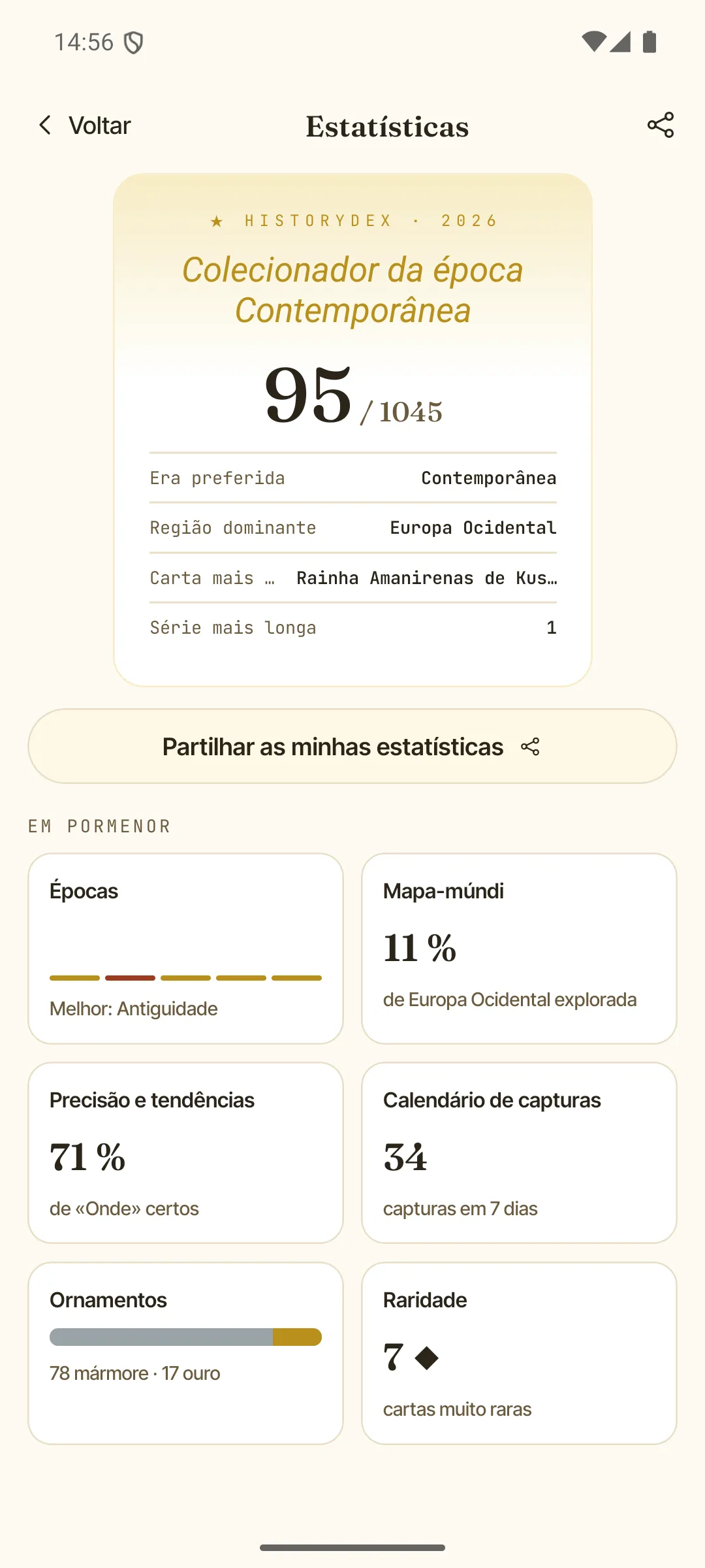 O ecrã de Estatísticas — o teu cartão de colecionador para partilhar e os detalhes da coleção
