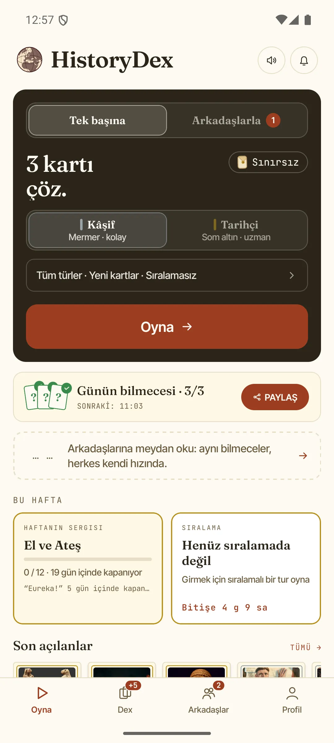 HistoryDex uygulamasının ana ekranı