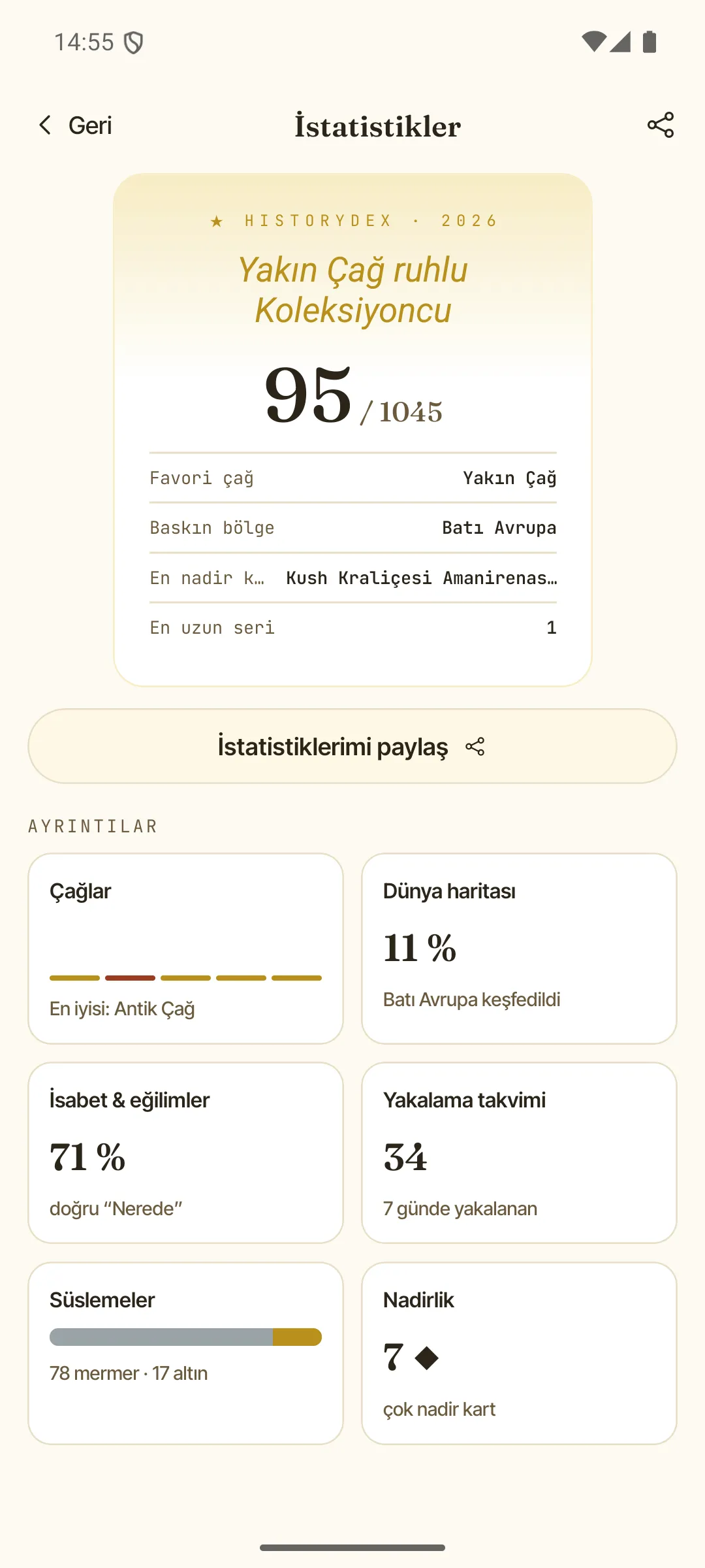 İstatistikler ekranı — paylaşılabilir koleksiyoncu kartın ve koleksiyon ayrıntıları