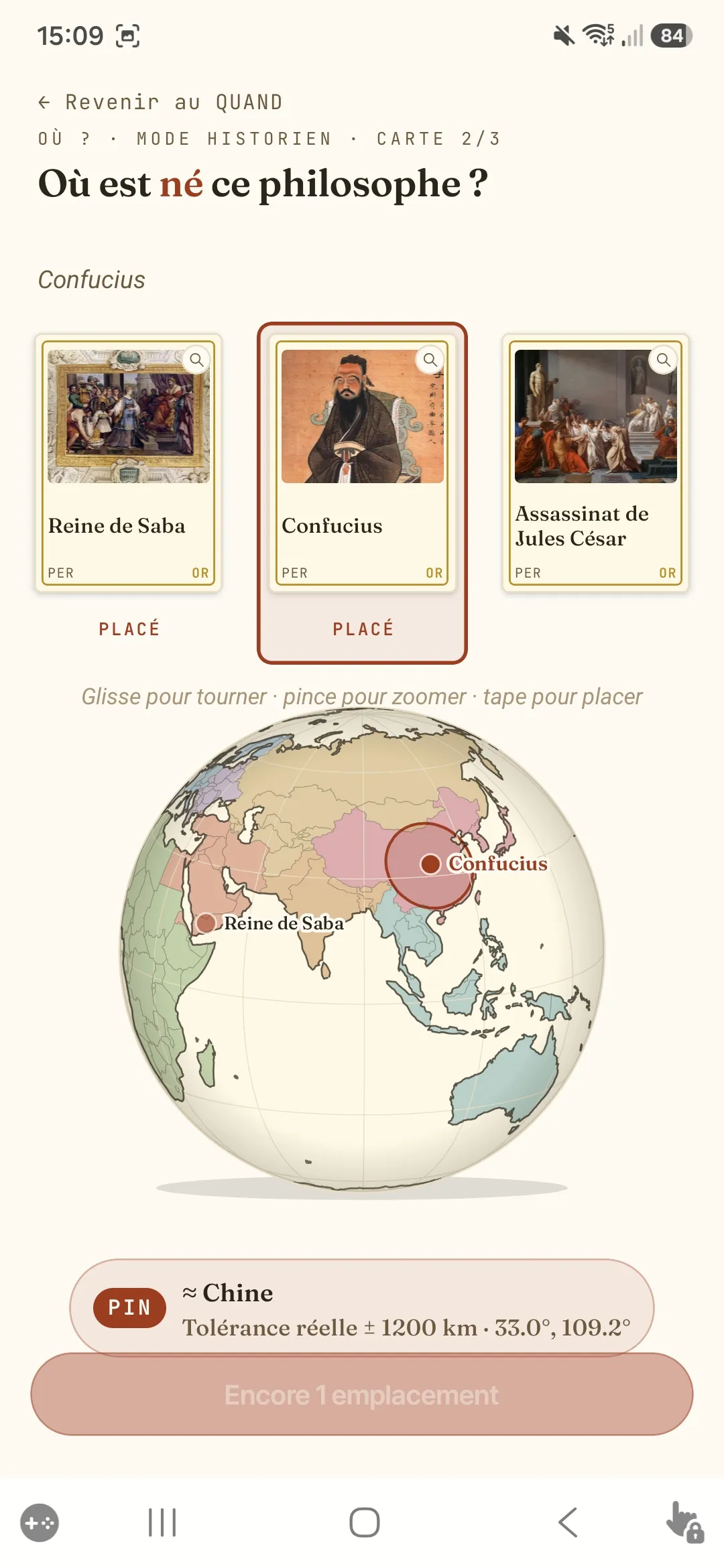Placer une carte sur le globe pour répondre à Où